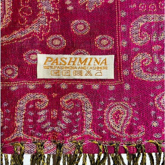 Cashmere Pashmina Rich Raspberry Pink Jacquard Scarf Wrap Light Green Tassels - Picture 4 of 14
